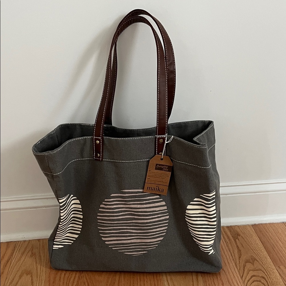 Maika Gray Canvas Tote with Brown Leather Straps and Striped Circle Accents